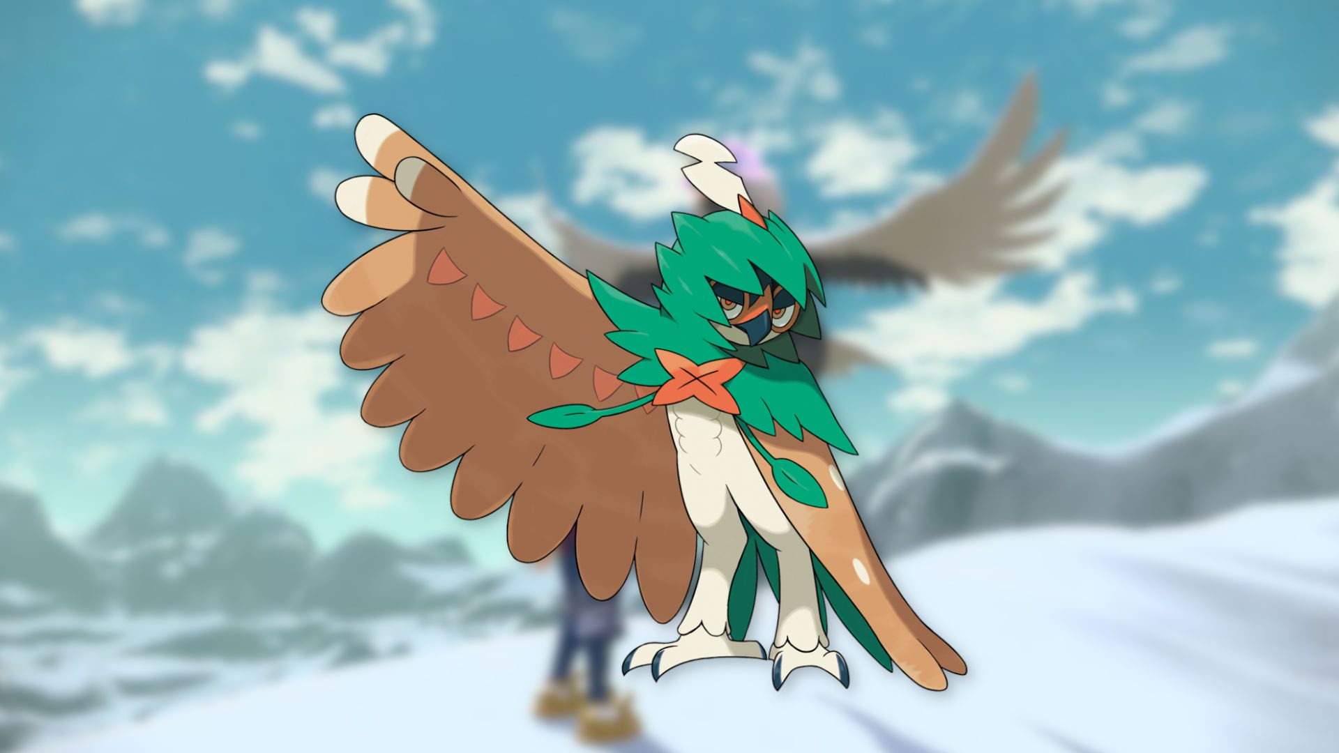 Imagem do pássaro Pokémon Decidueye com seu rosto oculto e esquema de cores marrom e verde 