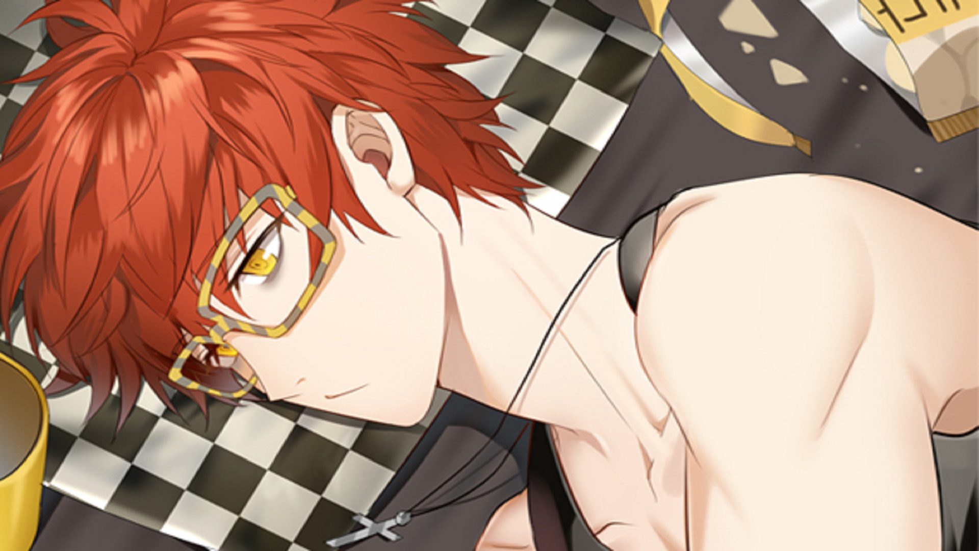 Um personagem do Mystic Messenger verificando seu telefone