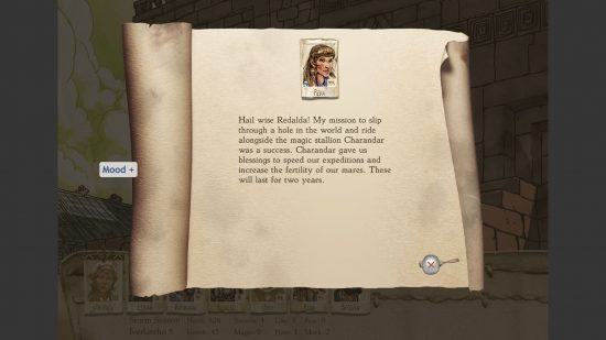 Cabeçalho de revisão do Six Ages 2 mostrando uma notificação de uma mulher chamada Reda sobre uma jornada bem-sucedida por um buraco na terra.