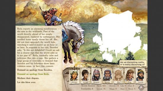 Cabeçalho do Six Ages 2 mostrando um espaço em branco à distância enquanto um cavaleiro olha de um cume, como se alguém tivesse acabado de remover a cor de um bloco do horizonte.