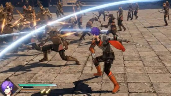 Hack-and-slash-games: um personagem de emblema de fogo golpeia com uma espada