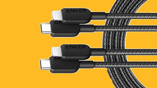 Melhor cabeçalho do cabo de carregamento do iPhone mostrando quatro extremidades saindo da direita do quadro com loops de um cabo trançado preto abaixo das extremidades, em um fundo amarelo manga.