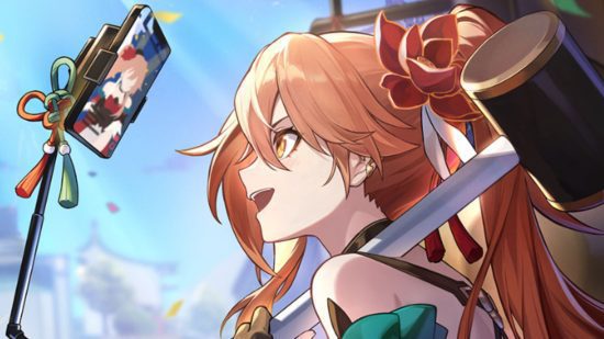 O design do cone de luz de Honkai Star Rail Guinaifen apresentando sua transmissão em um telefone