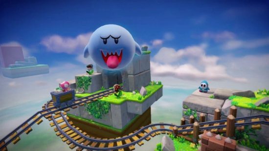 Captura de tela de uma grande vaia no guia de jogos Captain Toad Treasure Tracker para VR