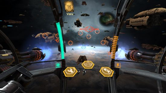 Captura de tela de uma batalha espacial em Gunjack 2: End of Shift para guia de jogos VR