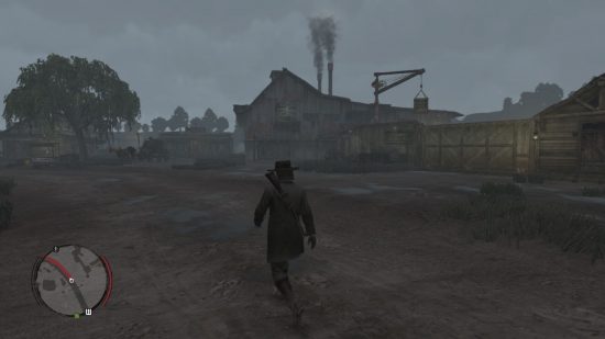 Leia a captura de tela da análise do Dead Redemption Switch mostrando um cowboy caminhando por uma pista de terra em frente a um prédio frágil com duas chaminés vindo do topo e um pequeno guindaste atrás.