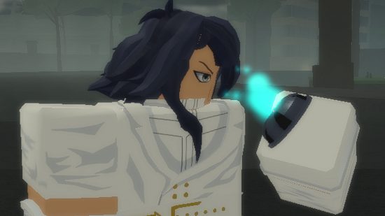 Clãs Peróxido - um personagem Roblox Peróxido olhando para um dispositivo Quincy