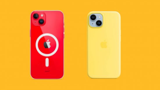 As melhores capas para iPhone 14: uma capa de telefone vermelha e outra amarela sobre um fundo amarelo