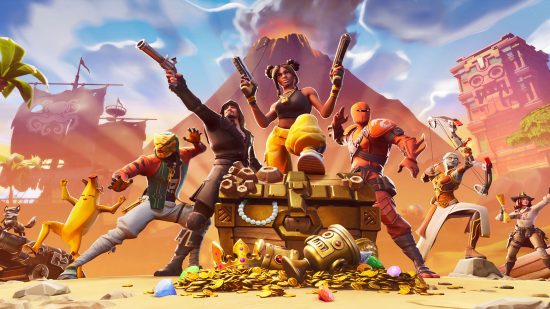 jogos-battle-royale-5 Jogos Battle Royale – um grupo de personagens defendendo um baú de tesouro em Fortnite