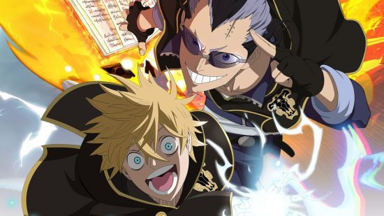 Lista de níveis Black Clover M: arte oficial da sorte e outra pessoa com óculos escuros e cabelos grisalhos e pretos voando para frente