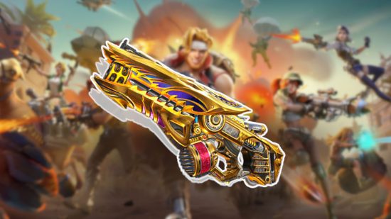 lista de nível 3 do despertar de lesma de metal Lista de níveis do Metal Slug Awakening: Uma arma dourada delineada em branco e colada em uma versão borrada da arte principal do Metal Slug Awakening