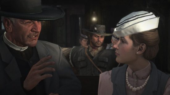 Leia a captura de tela da análise do Dead Redemption Switch mostrando um padre e uma jovem conversando, atrás da qual está um cowboy parecendo um pouco desconfiado.