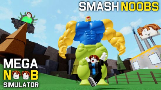 mega-noob-simulador-códigos-1 Mega Noob Simulator codifica a arte principal mostrando um carinha correndo de um enorme noob