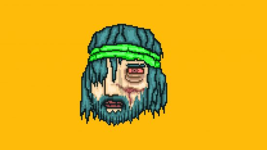 Hotline Miami Biker: o personagem Biker aparece contra um backrgound amarelo, com longos cabelos verdes e um olho sangrento