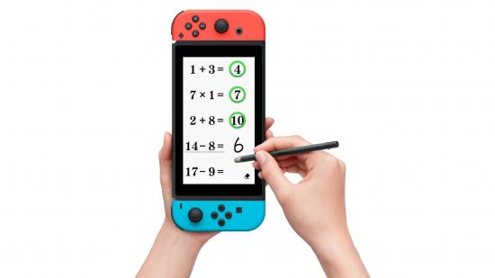 jogos de matemática (1) Jogos de matemática legais: um par de mãos segura um Nintendo Switch, jogando quebra-cabeças de matemática de treinamento cerebral