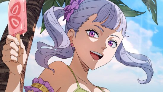 Lista de níveis Black Clover M: variante do maiô de Noelle sorrindo amplamente segurando um picolé rosa na praia