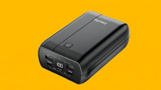 Imagem personalizada do banco de potência imuto 100w em um fundo amarelo para o melhor guia de bancos de energia para iPhone