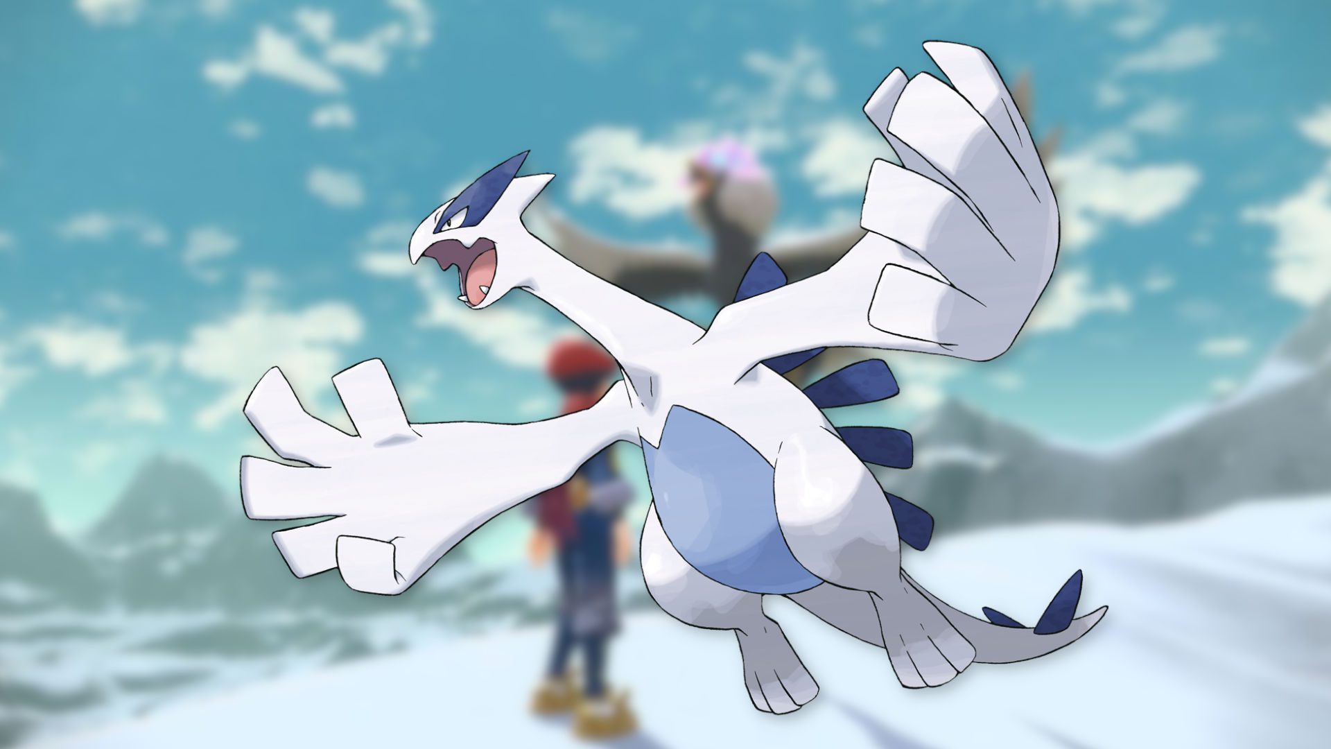 Imagem do pássaro Pokémon Lugia com suas enormes asas em forma de mão e barriga azul