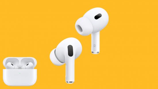Os melhores fones de ouvido para iPhone: o Apple Airpods Pro Gen 2 aparece em um fundo amarelo