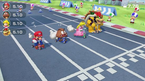 Jogos de Mario Party: Mario, a Goomba, Peach e Bowser, todos competem em tiny bokes para cruzar a linha de chegada