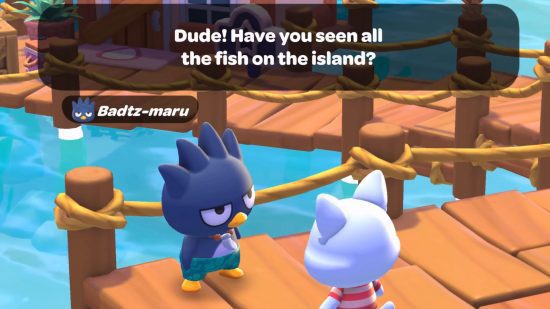 Presentes Hello Kitty Island Adventure Hello Kitty Island Adventure gifts: dois personagens falando em um píer de madeira à beira-mar