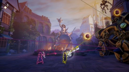 Revisão do Trine 5 – uma captura de tela de duas Zoyas apontando flechas para um grande chefe autômato 