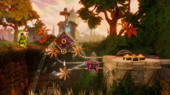 Análise do Trine 5 – uma captura de tela do jogo mostrando dois jogadores resolvendo um quebra-cabeça de água