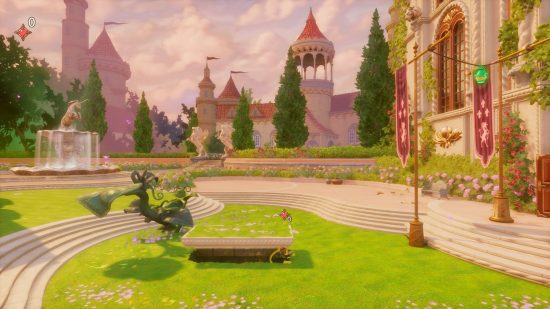 Revisão do Trine 5 - Amadeus pendurado em uma saliência, preso embaixo de uma plataforma enquanto espia