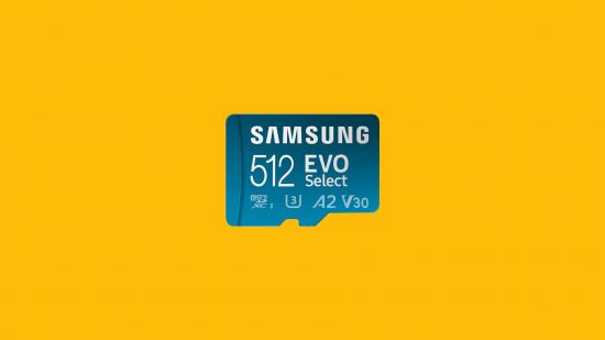 interruptor de cartão micro-sd-4 Switch de cartão Micro SD - um cartão micro SD em um fundo amarelo manga. Este é azul e diz 'SAMSUNG / 512 EVO Select"