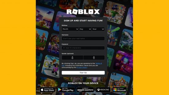 Nomes Roblox: uma captura de tela mostra o menu para criar uma conta Roblox