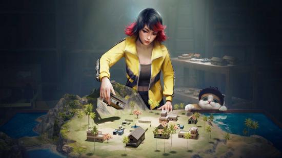 free-fire-craftlands-key-art Arte principal para Craftlands no Free Fire com um personagem jogando com uma versão minúscula do campo de batalha do Free Fire