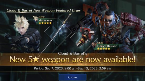 revisão de crise de Final Fantasy Ever 1 Revisão de Final Fantasy Ever Crisis – um banner gacha mostrando Cloud e Barret com a espada Murasame e a arma Heavy Hauser