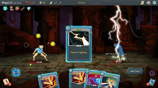 jogos de rastreador de masmorras Slay the Spire jogos de rastreador de masmorras: uma batalha em Slay the Spire com dois inimigos e cartas na tela