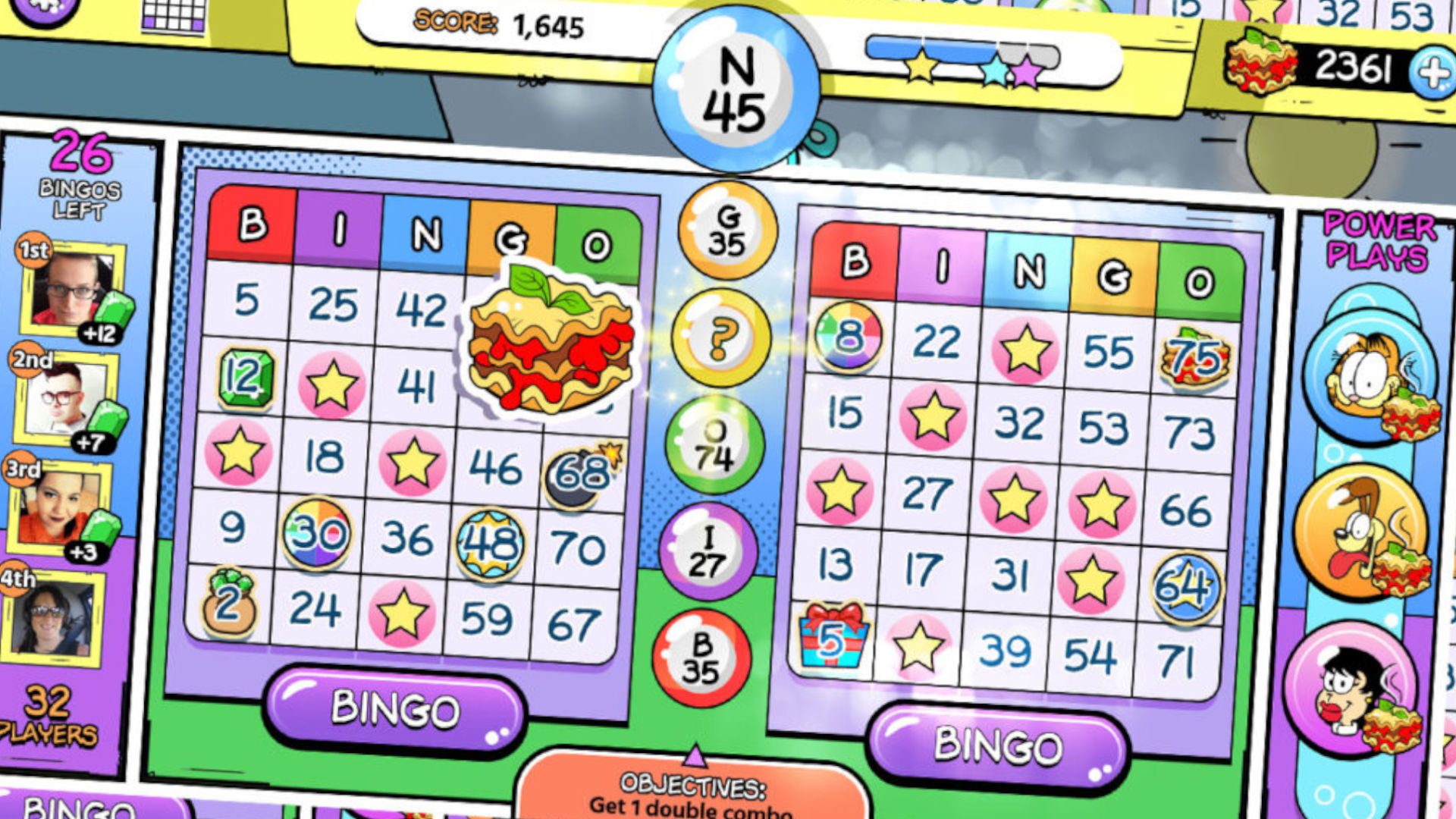 Captura de tela de uma folha de bingo no guia de jogos de bingo do Garfield para Garfield