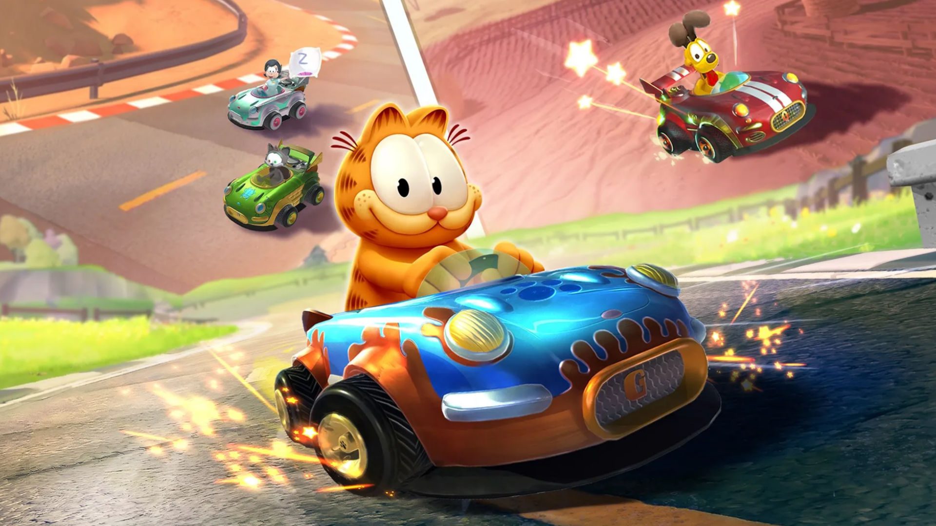 Captura de tela de Garfield em seu kart na capa do guia de jogos Garfield Kart Furious Racing for Garfield