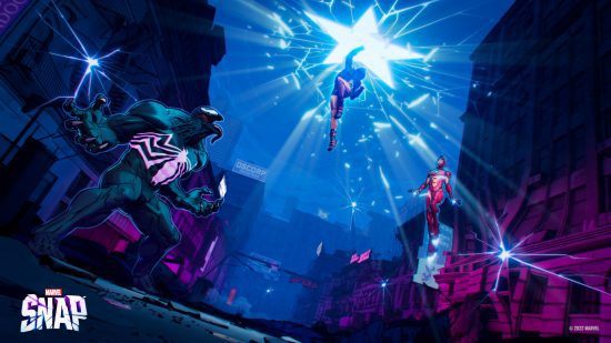 Captura de tela dos personagens do Marvel Snap, Venom e America Chavez, lutando pela lista de jogos para celular gratuitos