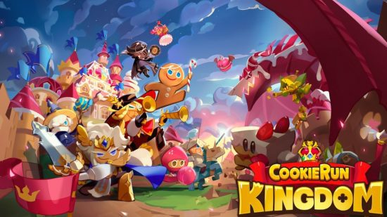 Arte principal de Cookie Run Kingdom com vários personagens legais na tela para lista de jogos para celular gratuitos