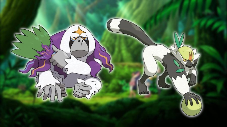 Pokémon Macaco: Com um Pokémon baseado na selva ainda ao fundo, uma imagem mostra os Pokémon macaco Oranguru e Passimion
