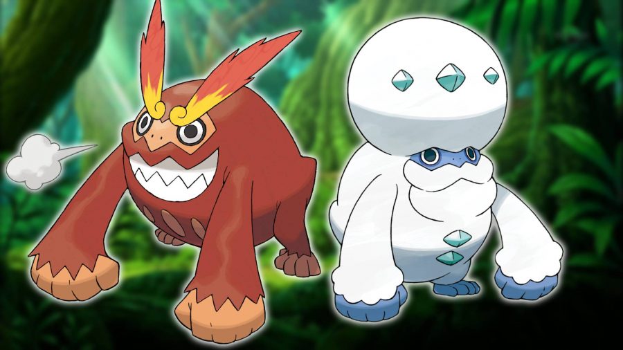 Pokémon Macaco: Com um Pokémon baseado na selva ainda no fundo, uma imagem mostra o Pokémon Macaco Darmanitan e Galarian Darmanitan