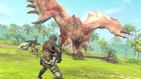 Revisão de Monster Hunter Now: uma paisagem mostra um caçador de monstros apontando uma arma de arco para um Rathian