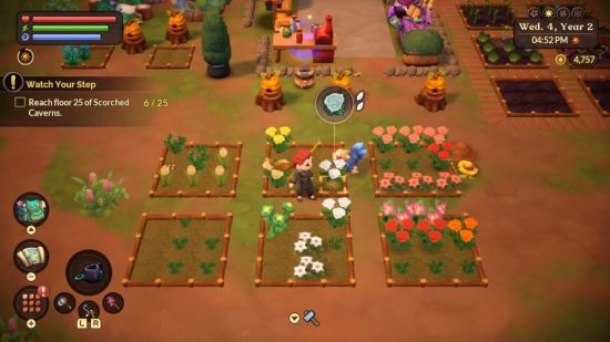 Um personagem estava em um jardim exibindo flores híbridas da Fazenda Fae