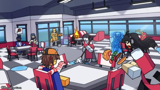 Jogos divertidos do Roblox: vários adolescentes passam um tempo em uma cafeteria
