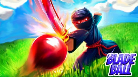 Jogos divertidos do Roblox: um personagem acerta uma bola com uma espada