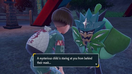 Revisão de Pokémon Scarlet e Violet The Teal Mask: um treinador de Pokémon interage com Ogrepon