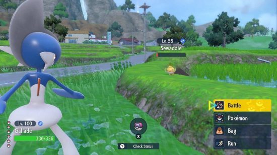 Crítica de Pokémon Scarlet e Violet The Teal Mask: um gallade está lutando contra um swaddle