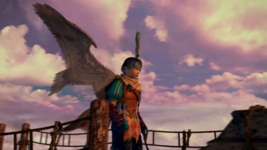 Foto de revisão de Baten Kaitos I e II HD Remaster mostrando um homem com cabelo azul e asas grandes em frente a um céu azul nublado.