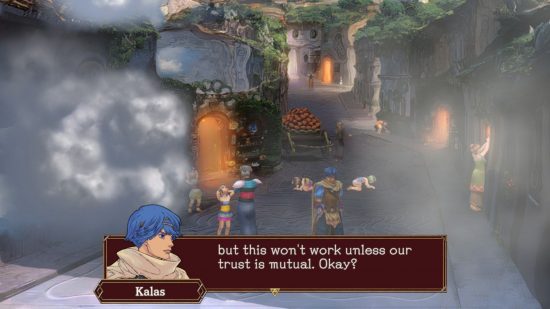 Foto de revisão de Baten Kaitos I e II HD Remaster mostrando uma cidade com um homem de cabelo azul parado na rua.