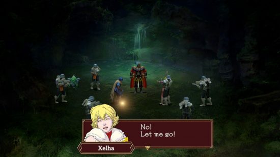 Foto de revisão do Baten Kaitos I e II HD Remaster mostrando uma mulher dizendo deixe-me ir enquanto pequenos personagens estão reunidos em um lugar escuro.