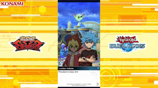 yugioh-duel-links-rush-duel-preview-game-luke Yuga conversando com Luciden, também conhecido como Luke, para Yu-Gi-Oh! Antevisão do DUEL LINKS RUSH DUEL
