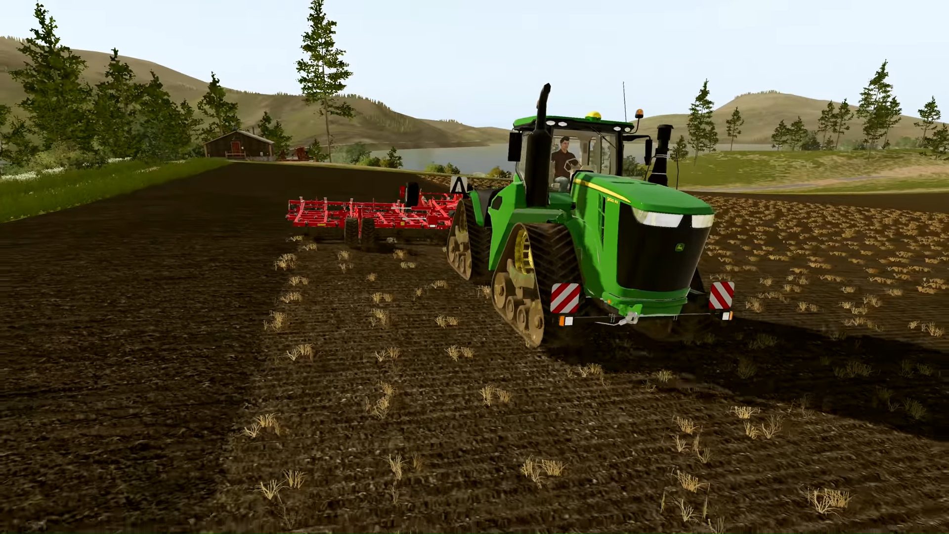 melhores-jogos-de-fazenda-simulador-de-fazenda-20 Melhores jogos de fazenda - Farm Simulator 20. Uma captura de tela mostra um trator dirigindo por terras agrícolas.